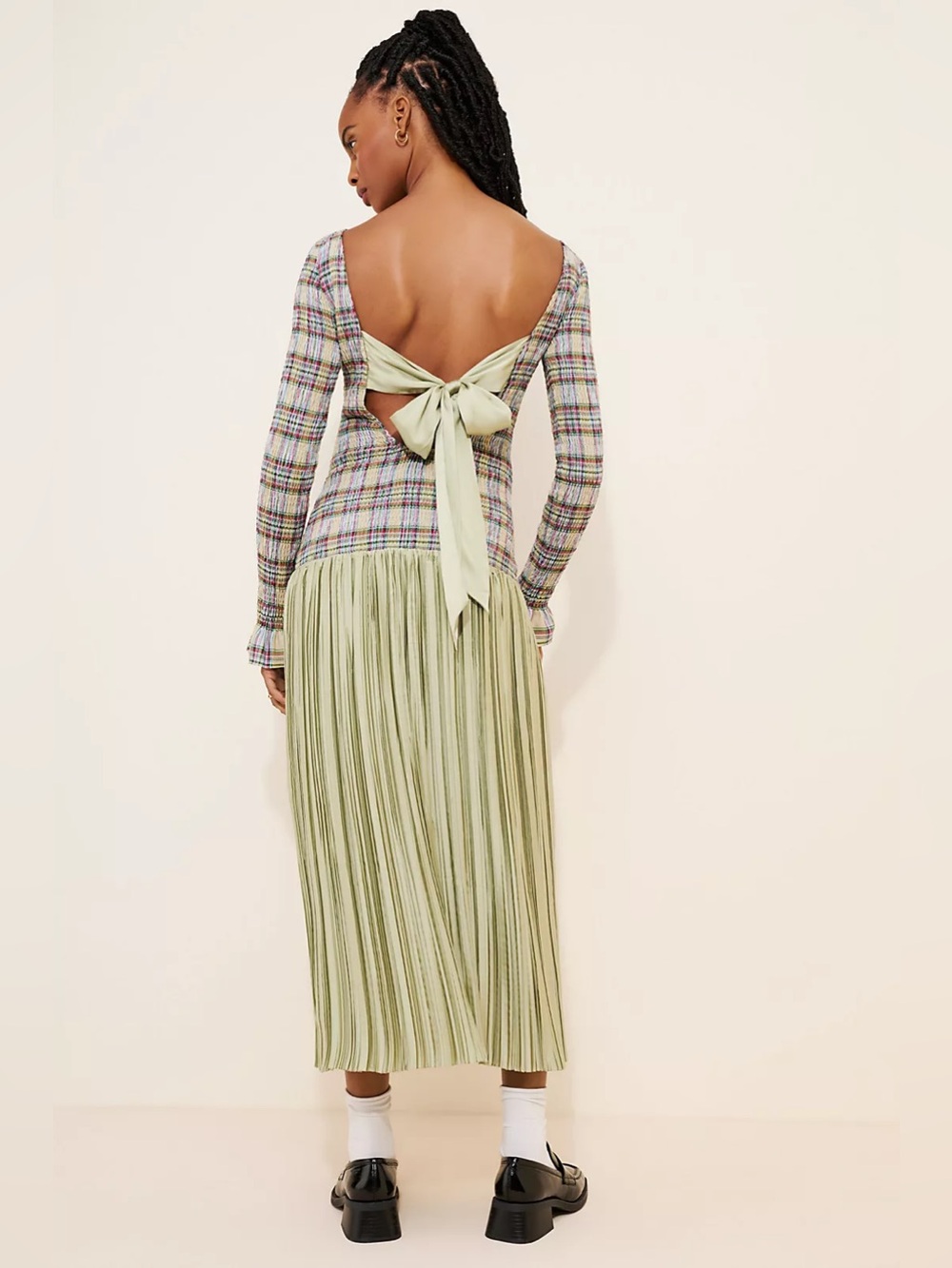 NWT OHSEVENDAYS Anthropologie McKenzie Shirred Tartan Pleated Green Midi Dress M - Picture 3 of 13